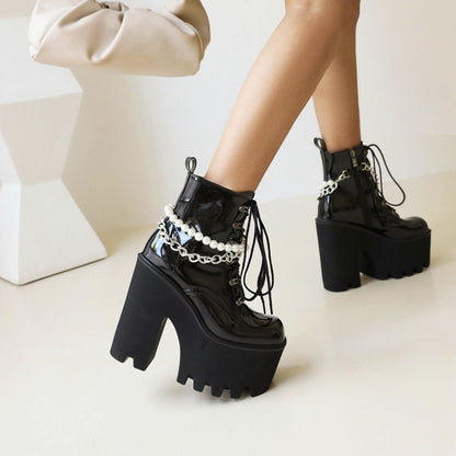 Pu Leather Lace Up Metal Pearls Chains Block Chunky Heel Platform Riding Ankle Boots for Women