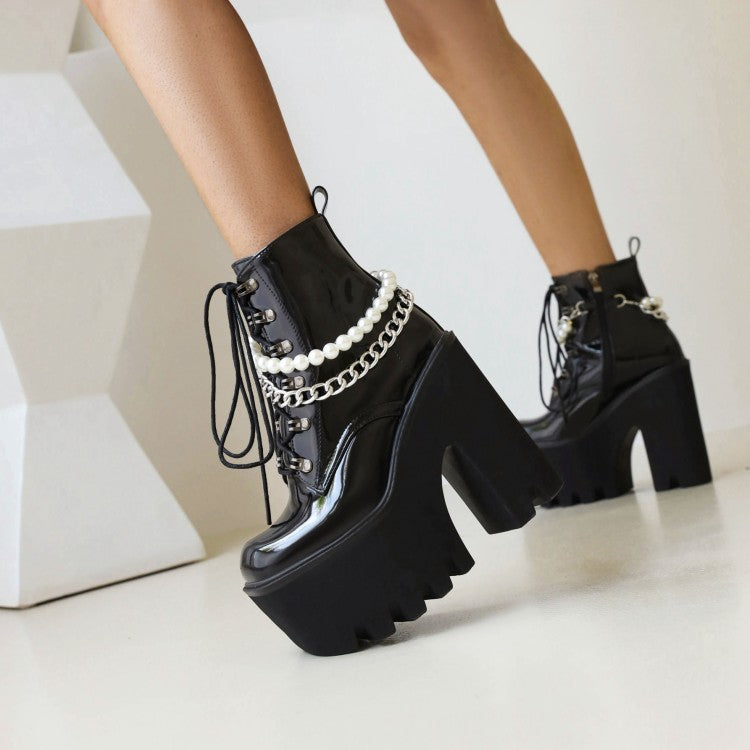 Pu Leather Lace Up Metal Pearls Chains Block Chunky Heel Platform Riding Ankle Boots for Women