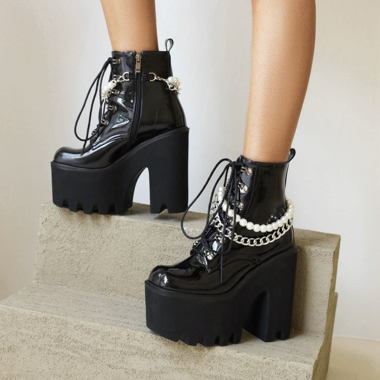 Pu Leather Lace Up Metal Pearls Chains Block Chunky Heel Platform Riding Ankle Boots for Women