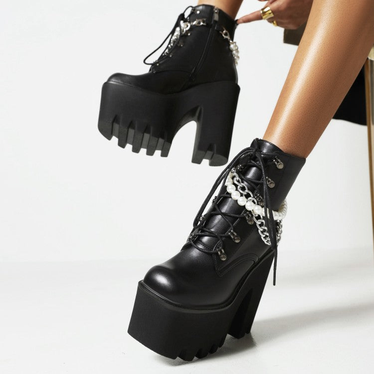 Pu Leather Lace Up Metal Pearls Chains Block Chunky Heel Platform Riding Ankle Boots for Women