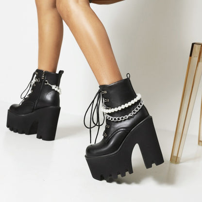 Pu Leather Lace Up Metal Pearls Chains Block Chunky Heel Platform Riding Ankle Boots for Women