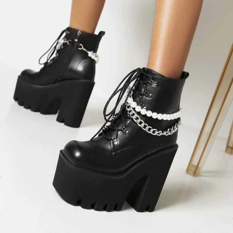 Pu Leather Lace Up Metal Pearls Chains Block Chunky Heel Platform Riding Ankle Boots for Women