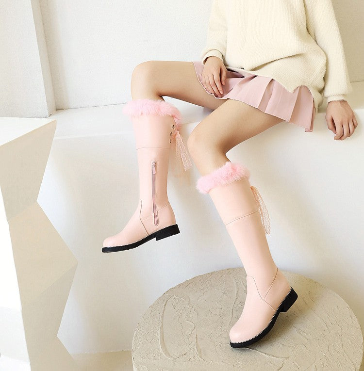 Side Zippers Fur Chunky Heel Knee-High Boots for Women