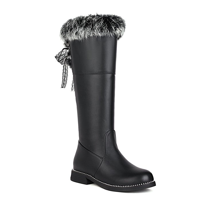 Side Zippers Fur Chunky Heel Knee-High Boots for Women