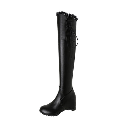 Tied Straps Inside Heighten Wedge Heel Over-The-Knee Boots for Women