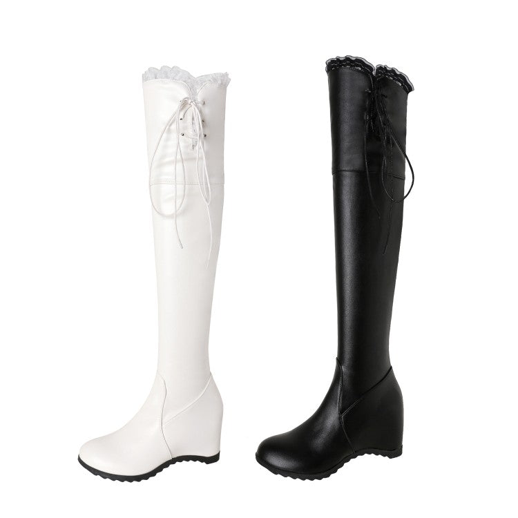 Tied Straps Inside Heighten Wedge Heel Over-The-Knee Boots for Women