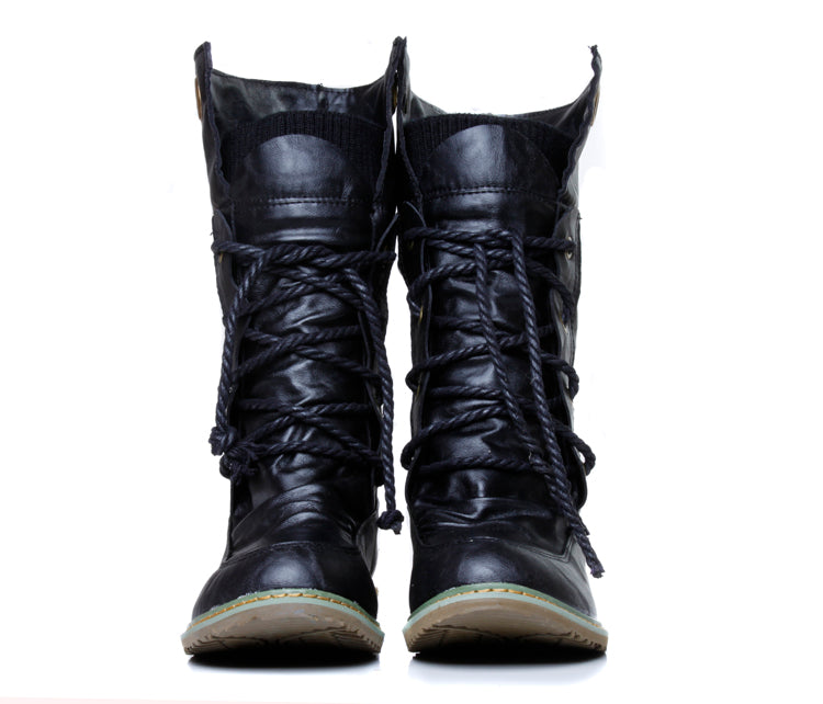 Ladies Pu Leather Stitching Patchwork Lace Up Flat Short Boots