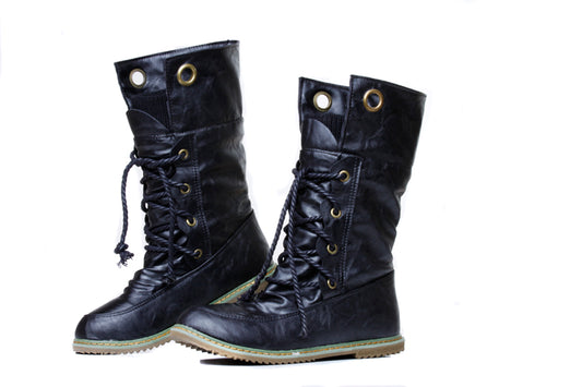 Ladies Pu Leather Stitching Patchwork Lace Up Flat Short Boots