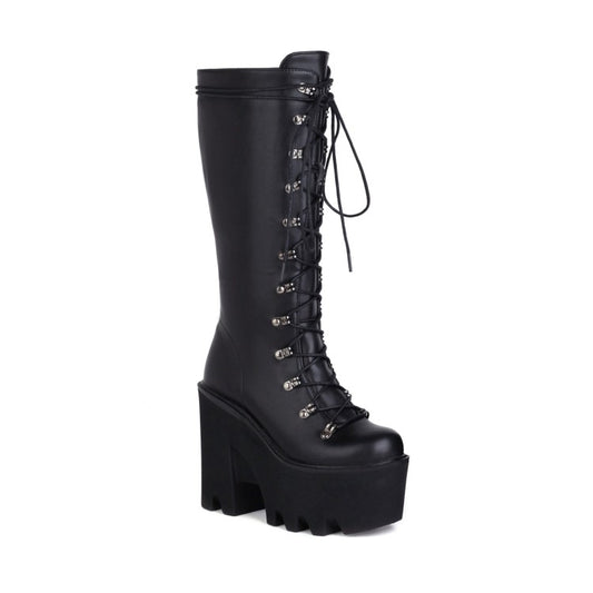 Glossy Round Toe Lace Up Block Chunky Heel Platform Mid-calf Boots for Women