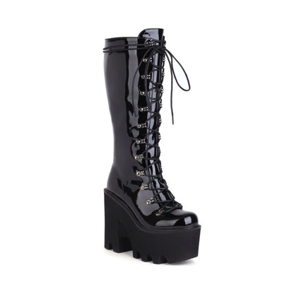 Glossy Round Toe Lace Up Block Chunky Heel Platform Mid-calf Boots for Women