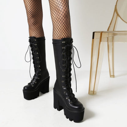 Glossy Round Toe Lace Up Block Chunky Heel Platform Mid-calf Boots for Women