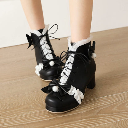 Lace Bow Tie Tied Straps Block Chunky Heel Platform Ankle Boots for Women