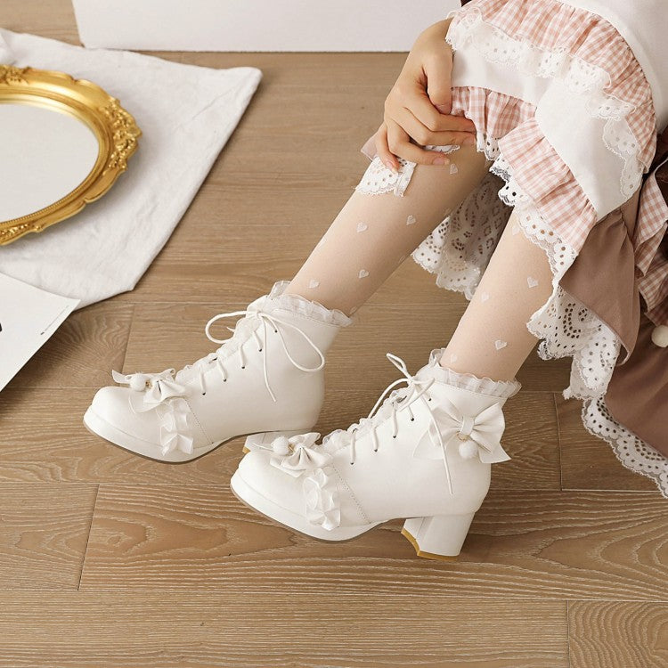 Lace Bow Tie Tied Straps Block Chunky Heel Platform Ankle Boots for Women