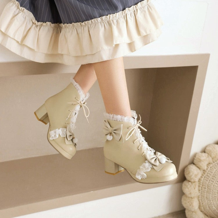 Lace Bow Tie Tied Straps Block Chunky Heel Platform Ankle Boots for Women