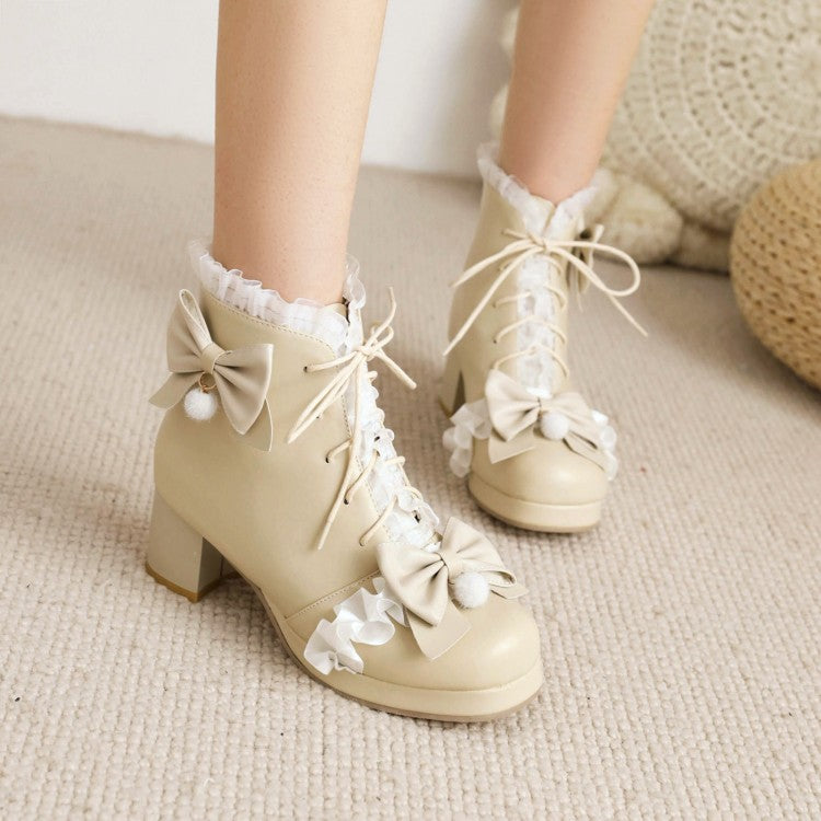 Lace Bow Tie Tied Straps Block Chunky Heel Platform Ankle Boots for Women