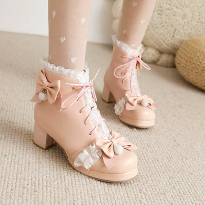 Lace Bow Tie Tied Straps Block Chunky Heel Platform Ankle Boots for Women