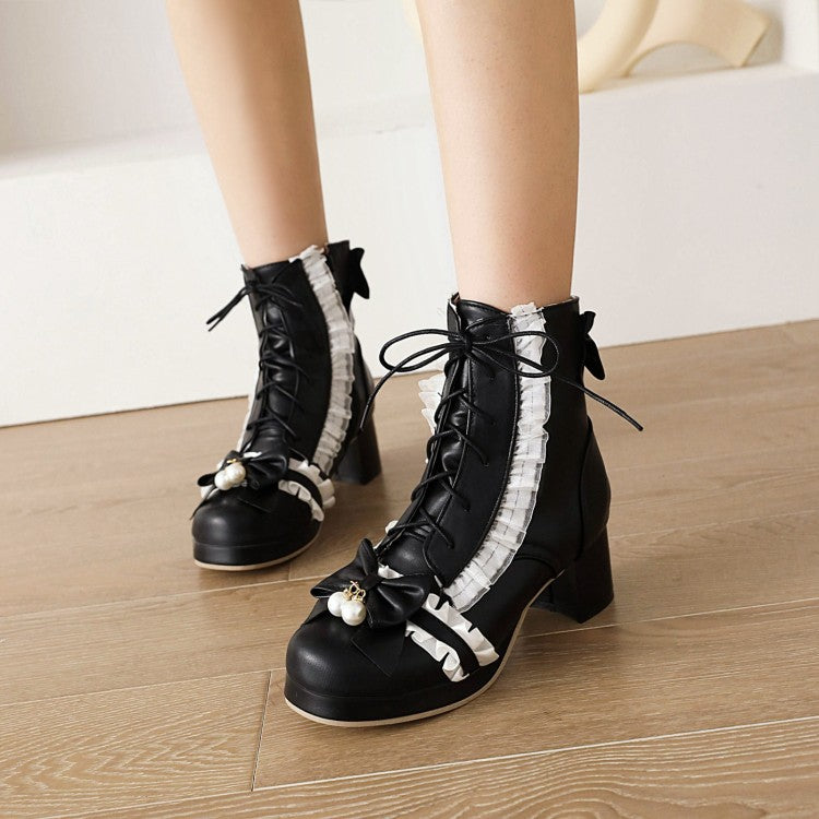 Lace Bow Tie Pearls Block Chunky Heel Ankle Boots for Women