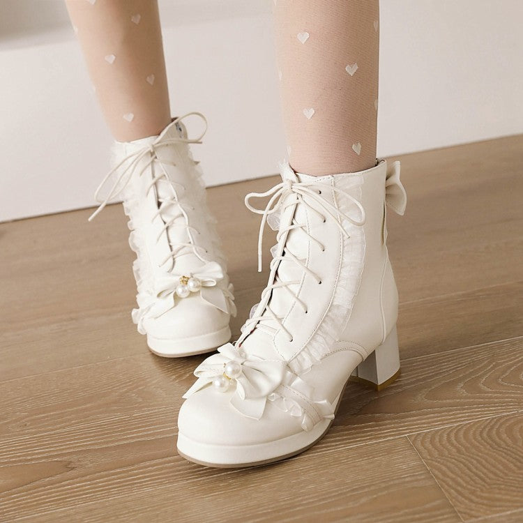 Lace Bow Tie Pearls Block Chunky Heel Ankle Boots for Women