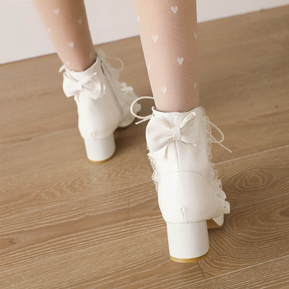 Lace Bow Tie Pearls Block Chunky Heel Ankle Boots for Women