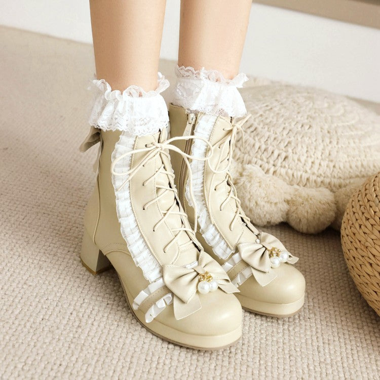 Lace Bow Tie Pearls Block Chunky Heel Ankle Boots for Women