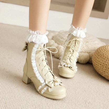 Lace Bow Tie Pearls Block Chunky Heel Ankle Boots for Women