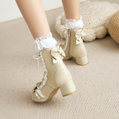 Lace Bow Tie Pearls Block Chunky Heel Ankle Boots for Women