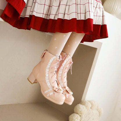 Lace Bow Tie Pearls Block Chunky Heel Ankle Boots for Women