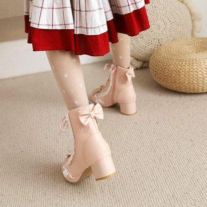 Lace Bow Tie Pearls Block Chunky Heel Ankle Boots for Women