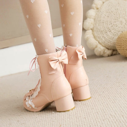 Lace Bow Tie Pearls Block Chunky Heel Ankle Boots for Women