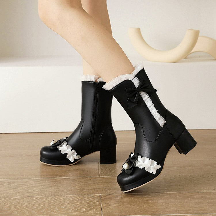 Lace Bow Tie Pearls Block Chunky Heel Mid-Calf Boots for Women