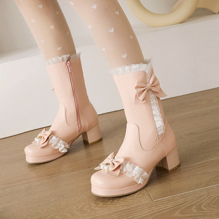 Lace Bow Tie Pearls Block Chunky Heel Mid-Calf Boots for Women