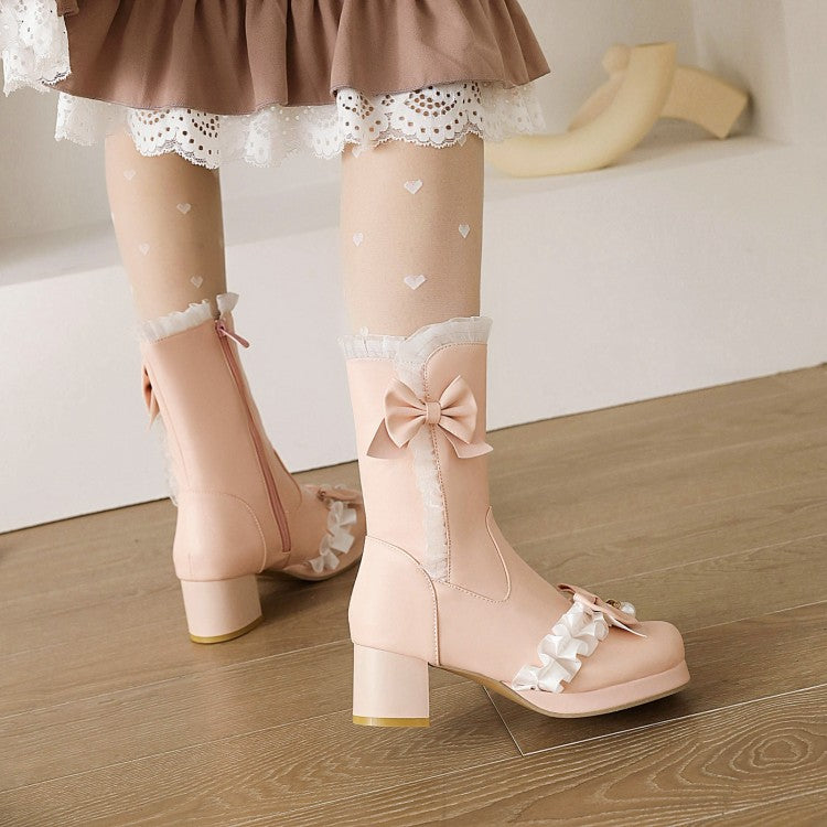 Lace Bow Tie Pearls Block Chunky Heel Mid-Calf Boots for Women