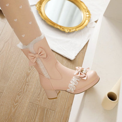 Lace Bow Tie Pearls Block Chunky Heel Mid-Calf Boots for Women