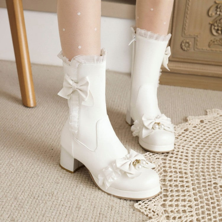 Lace Bow Tie Pearls Block Chunky Heel Mid-Calf Boots for Women