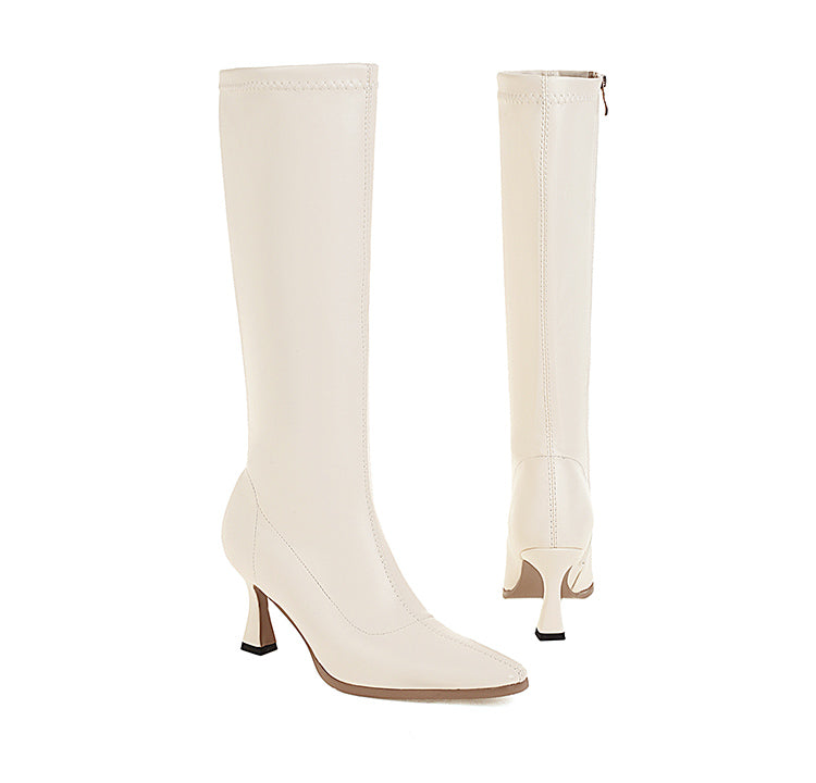 Pointed Toe Side Zippers Spool Heel Knee-High Boots for Women