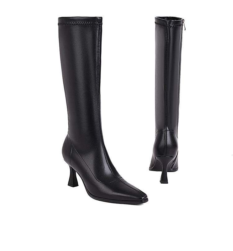 Pointed Toe Side Zippers Spool Heel Knee-High Boots for Women