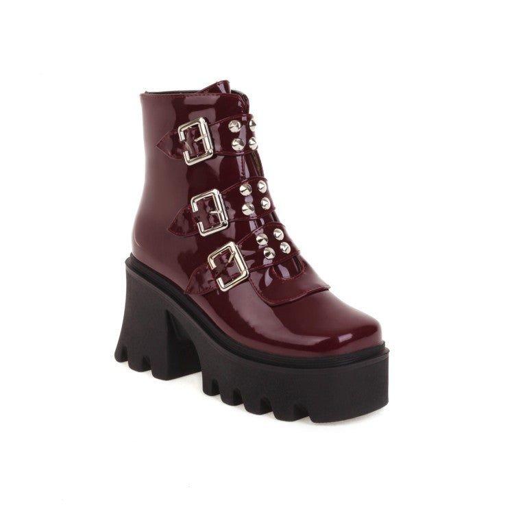 Glossy Square Toe Rivets Buckle Straps Block Chunky Heel Platform Short Boots for Women