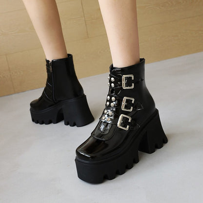 Glossy Square Toe Rivets Buckle Straps Block Chunky Heel Platform Short Boots for Women