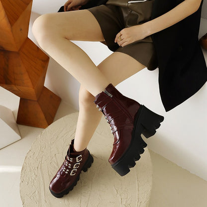 Glossy Square Toe Rivets Buckle Straps Block Chunky Heel Platform Short Boots for Women