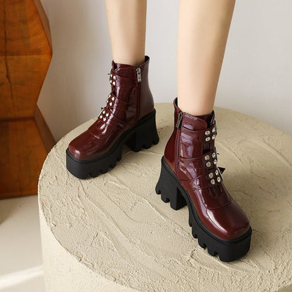 Glossy Square Toe Rivets Buckle Straps Block Chunky Heel Platform Short Boots for Women