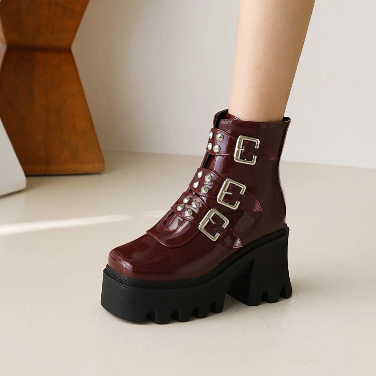 Glossy Square Toe Rivets Buckle Straps Block Chunky Heel Platform Short Boots for Women