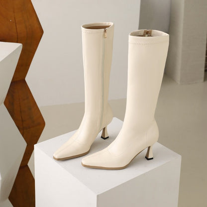 Pointed Toe Side Zippers Spool Heel Knee-High Boots for Women