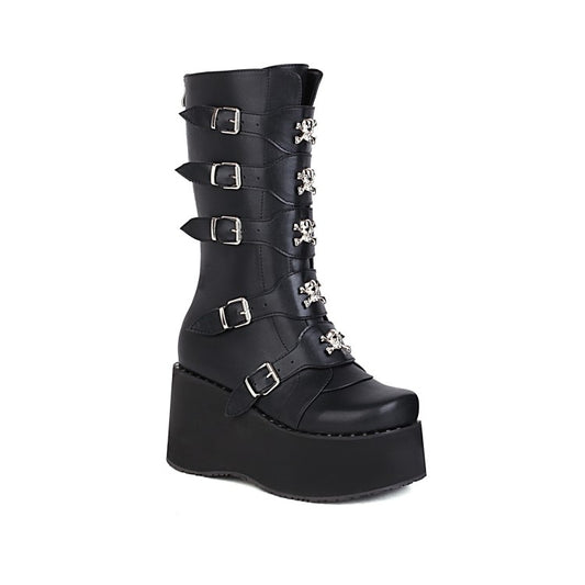 Ladies Metal Buckle Platform Wedge Heel Mid Calf Boots