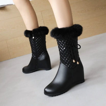 Pu Leather Round Toe Lattice Fur Side Zippers Inside Heighten Mid Calf Boots for Women