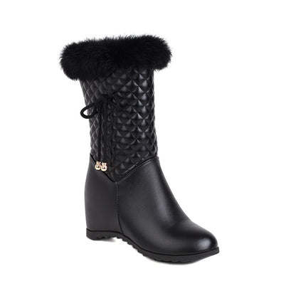 Pu Leather Round Toe Lattice Fur Side Zippers Inside Heighten Mid Calf Boots for Women