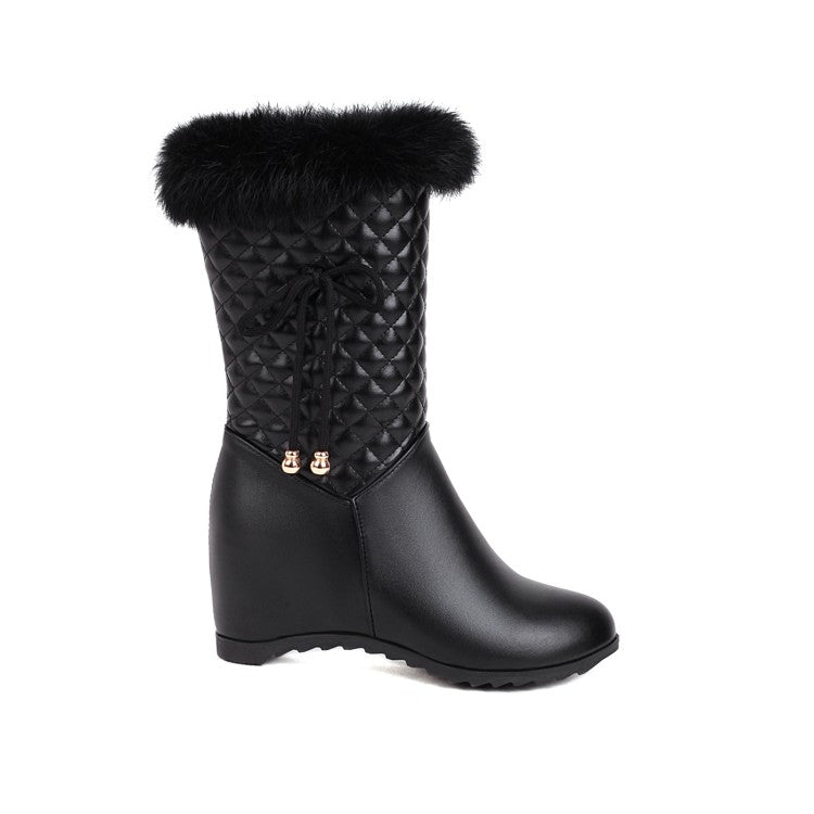 Pu Leather Round Toe Lattice Fur Side Zippers Inside Heighten Mid Calf Boots for Women