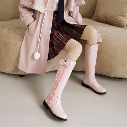 Buttons Bow Tie Knee High Side Zippers Knee High Boots for Women