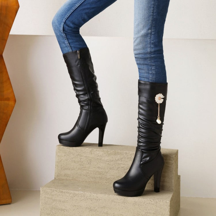 Pearls Sunflower Side Zippers Block Chunky Heel Platform Knee High Boots for Women