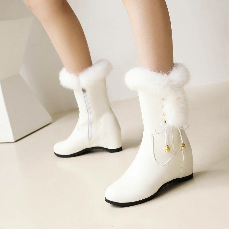 Pu Leather Round Toe Fur Side Zippers Inside Heighten Wedge Heel Mid Calf Boots for Women