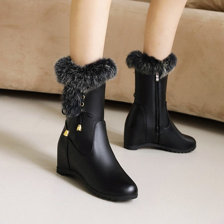 Pu Leather Round Toe Fur Side Zippers Inside Heighten Wedge Heel Mid Calf Boots for Women